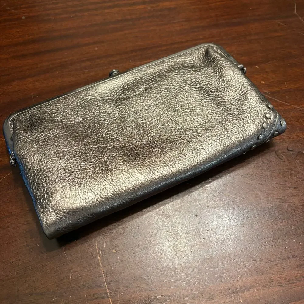 HOBO Lauren Leather Clutch Wallet Pewter Gray Metallic Double Kiss Lock Studded
